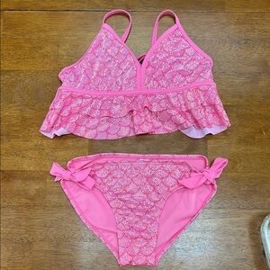 Justice 2 Piece Bikini Swimsuit Pink Holographic Print Girls Size 12